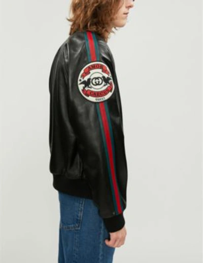 Shop Gucci Patch-embroidered Leather Bomber Jacket In Black