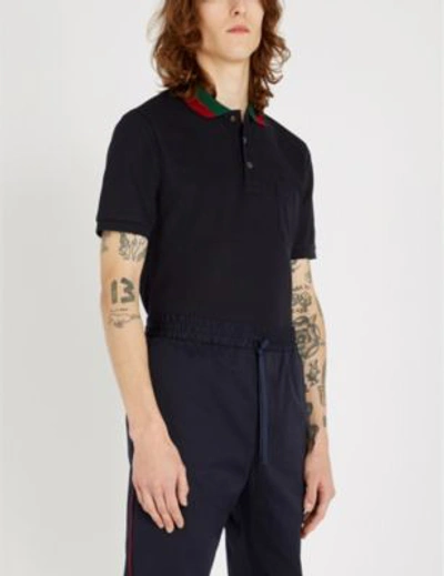 Shop Gucci Striped Collar Stretch Cotton-piqué Polo Shirt In Navy