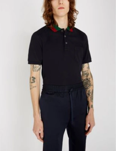 Shop Gucci Striped Collar Stretch Cotton-piqué Polo Shirt In Navy