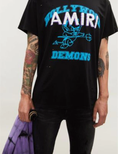 Shop Amiri Demon-print Distressed Cotton-jersey T-shirt In Black