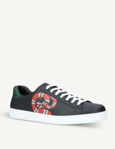 Shop Gucci New Ace Embroidered-snake Leather Trainers In Black