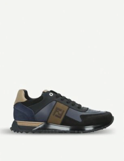 Shop Fendi Ff Leather Trainers In Blk/blue