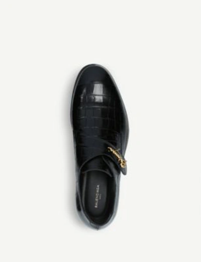 Shop Balenciaga Mens Black Logo-detail Croc-embossed Leather Monk Shoes