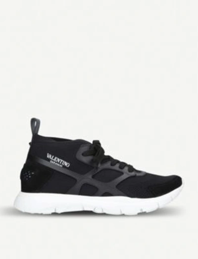 Shop Valentino Sound High Stretch-knit And Leather Trainers In Black