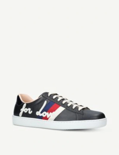 Shop Gucci New Ace Embroidered Leather Trainers In Black