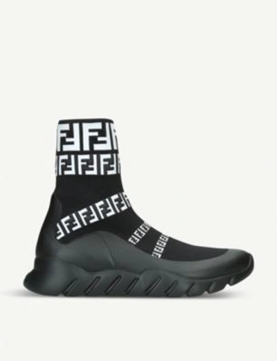 Shop Fendi Logo-detail Knitted Trainers In Blk/white