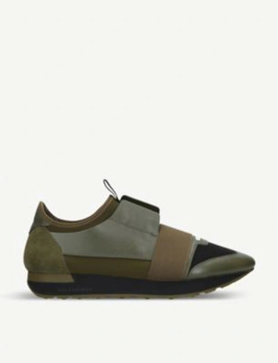 Shop Balenciaga Mens Green Striped Race Runners Leather Sneakers In Khaki