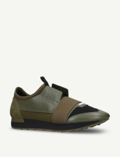 Balenciaga Mens Green Striped Race Runners Leather Sneakers In Noir/ Kaki |  ModeSens