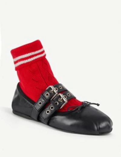 Shop Miu Miu Sock Leather Ballet Flats In Nero Rosso