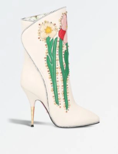 Shop Gucci Floral-appliquéd Leather Boots In Winter Wht