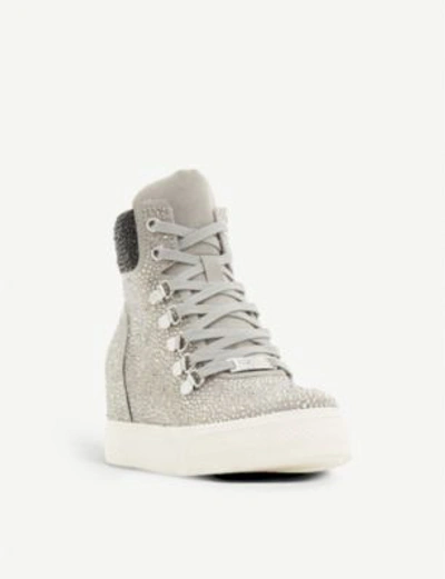 Shop Steve Madden Corey Rhinestone-embellished Wedge Trainers In Silver-diamantes