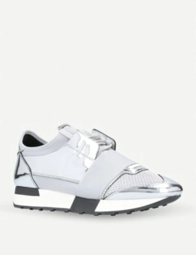 Shop Balenciaga Ladies Striped Race Runners Metallic-leather Sneakers In Silver