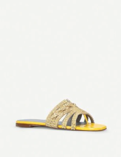 Shop Gina Loren Crystal-embellished Leather Sandals In Yellow