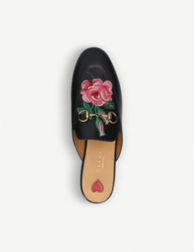 Shop Gucci Princetown Floral-embroidered Leather Slippers In Black