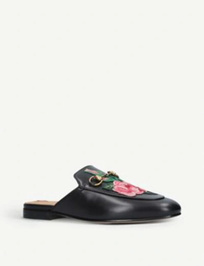 Shop Gucci Princetown Floral-embroidered Leather Slippers In Black