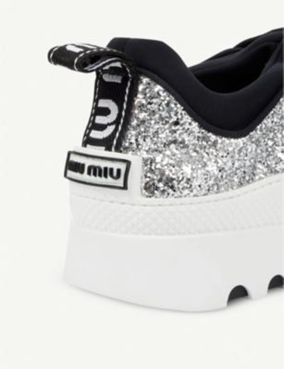 Shop Miu Miu Logo-detail Glittered Stretch-knit Trainers In Argento
