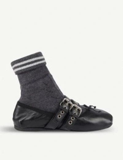 Shop Miu Miu Sock Leather Ballet Flats In Nero Grigio