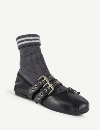 Shop Miu Miu Sock Leather Ballet Flats In Nero Grigio