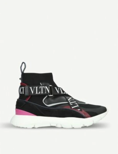 Shop Valentino Black And Pink Strap-detail Sock Trainer Sneakers In Blk/other