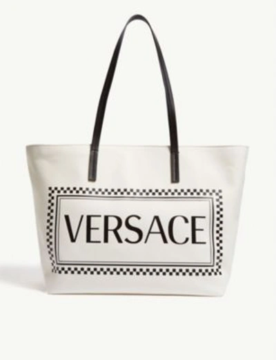 Shop Versace Logo Print Canvas Tote Bag In White Black