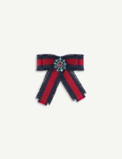 Shop Gucci Bow Grosgrain And Crystals Brooch