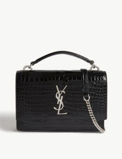 Shop Saint Laurent Sunset Croc-embossed Leather Shoulder Bag In Black