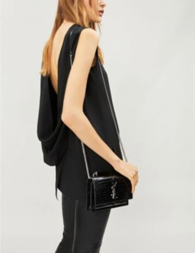 Shop Saint Laurent Sunset Croc-embossed Leather Shoulder Bag In Black