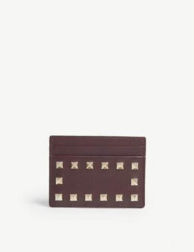 Shop Valentino Dark Purple Rockstud Leather Card Holder In Rubin Plum