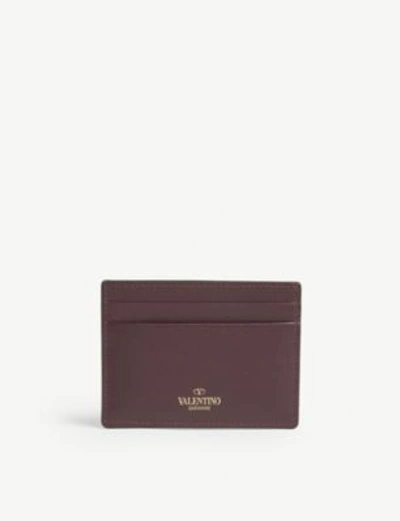 Shop Valentino Dark Purple Rockstud Leather Card Holder In Rubin Plum