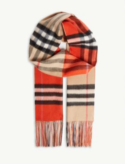 Shop Burberry Cashmere Double-faced Check Scarf In Bright Orange Red