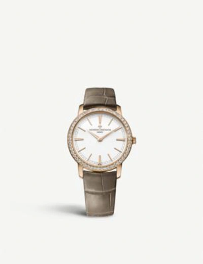 Shop Vacheron Constantin 81590/000g-9847 Traditionelle 18ct Rose-gold, Diamond And Leather Manual Watch In Brown/rose Gold