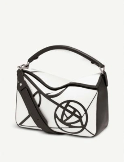 Shop Loewe Puzzle Roses Leather Shoulder Bag In White/black