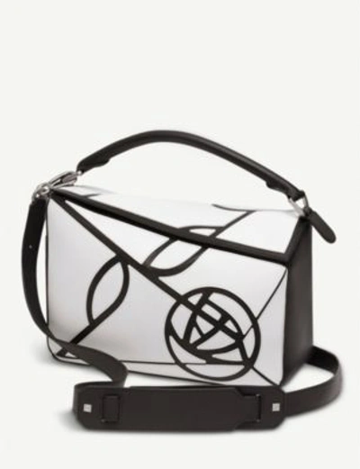 Shop Loewe Puzzle Roses Leather Shoulder Bag In White/black