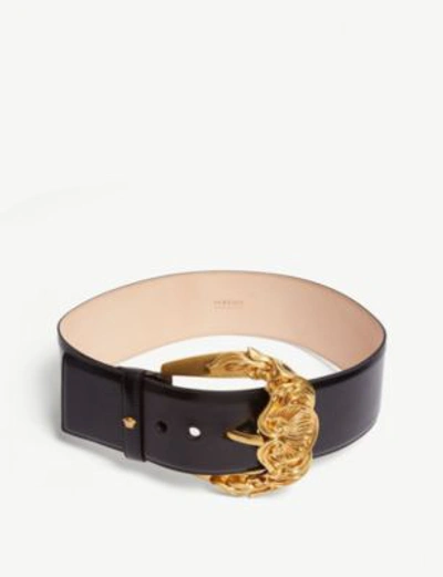 Shop Versace Barocco Buckle Leather Belt In Black Tribute Gold