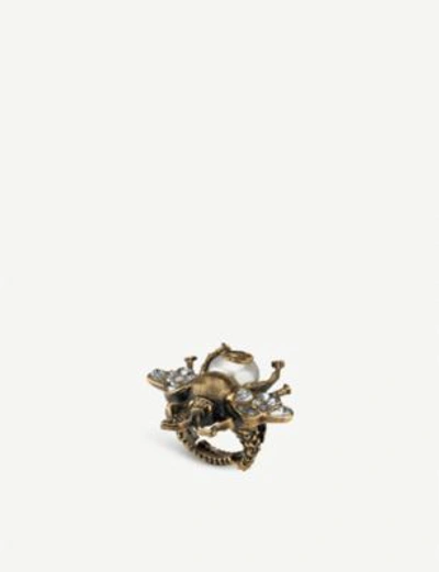 Shop Gucci Bee Crystal And Pearl Embellished Ring