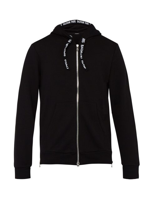 Balmain Logo-trimmed Cotton Zip-up Hooded Sweater In Black | ModeSens