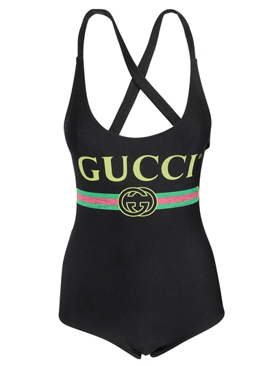 Shop Gucci Logo Print Swimsuit In Black Multi