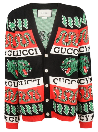 Shop Gucci Jacquard Cardigan In Black Multicolor