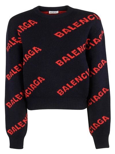 Shop Balenciaga Logo Sweater In Navy Orange