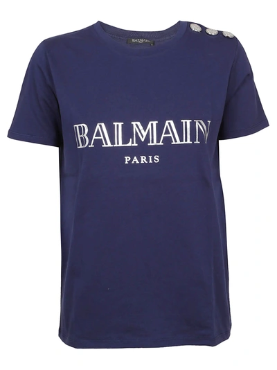 Shop Balmain Logo Print T-shirt In Sbf Marine/argent