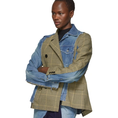 Shop Sacai Blue & Beige Denim Glen Check Jacket