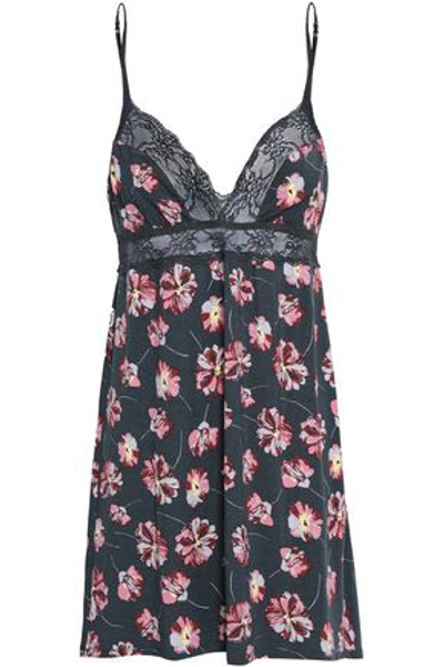 Shop Eberjey Lace-trimmed Floral-print Stretch-modal Jersey Chemise In Anthracite