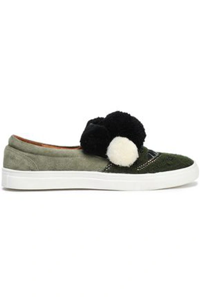 Shop Figue Karita Embellished Suede And Crochet-knit Slip-on Sneakers In Forest Green