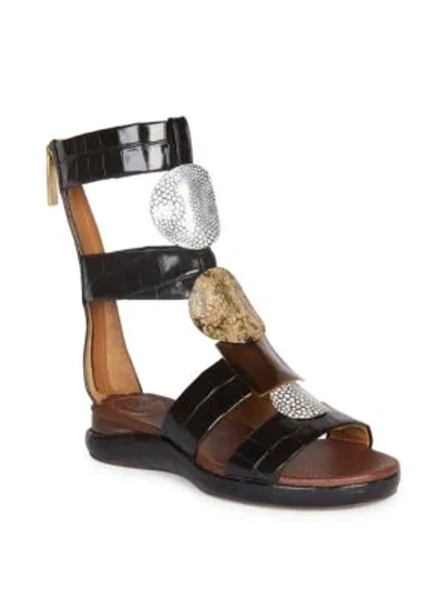 Shop Chloé Croc-embossed Leather High Shaft Sandals In Black