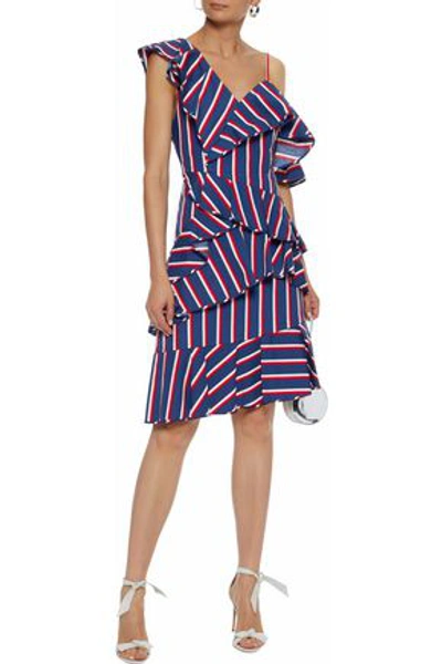 Shop Alice And Olivia Asymmetric Ruffled Striped Cotton-poplin Dress In Blue