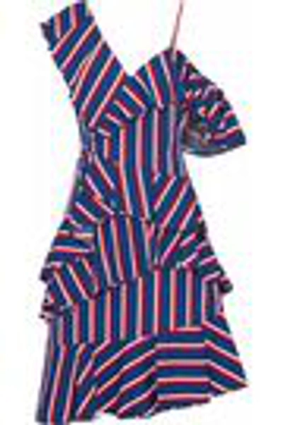 Shop Alice And Olivia Asymmetric Ruffled Striped Cotton-poplin Dress In Blue