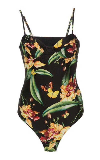 Shop Agua By Agua Bendita Cinnamon Printed Bustier One-piece Swimsuit In Black