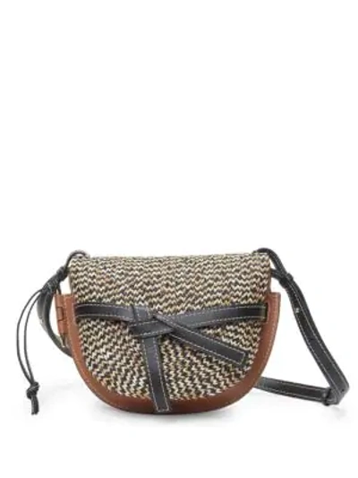 Shop Loewe Small Gate Raffia & Leather Saddle Bag In Tan