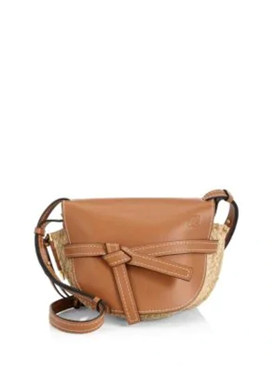 Shop Loewe Mini Gate Raffia & Leather Saddle Bag In Tan
