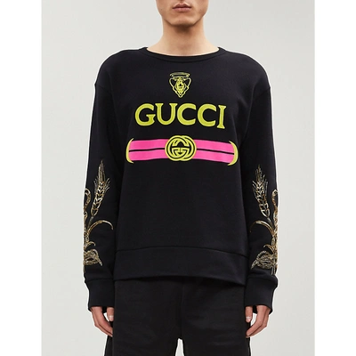 Shop Gucci Embellished Logo-print Cotton-jersey Sweatshirt In Black